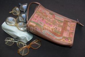 cca 1980 6db retro szemüveg egy régi neszeszerben (az egyik sérült) / Vintage glasses in an old bag (one broken)