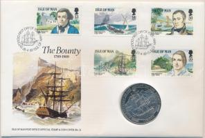 Man-sziget 1989. 1C "Bounty hajó" érmés borítékon teljes bélyegsorral, elsőnapi bélyegzéssel, ismertetővel T:PP Isle of Man 1989. 1 Crown "Bounty ship" coin letter with first day of issue stamp C:PP