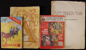 4db képregény: A láthatatlan légió (Rejtő-sorozat), Nyomoz a szerelmespár krimi képregény-sorozat 1., Lúdas Matyi, Névtelen vár (Romantikus képregény). Megviselt állapotban