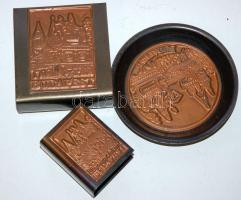 Budapesti souvenir iparművész réz dohányzó szett a Budai vár látványosságainak domborműképeivel / Souvenir smoking set with copper ashtray, matchbox and cigarette pack holders decorated with bas relief pictures of landmarks of the Buda Castle