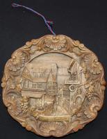 Fa emlékplakett a németországi Rüdesheim am Rhein városka látképével / Wooden plate with the cityscape of Rüdesheim am Rhein, Germany d: 23cm