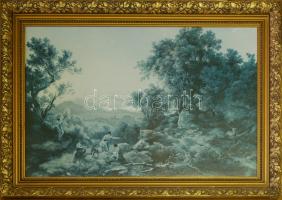 Nagyméretű, szép, jó állapotú aranyozott fakeret üveggel, reprodukcióval / Large, decorative gold plated wood frame in good condition, with glass 95x68cm