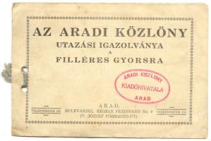 1932 Az aradi közlöny utazási igazolványa a filléres gyorsra