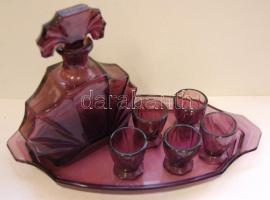 Lila üvegből készült likőrös szett: tálca, üveg dugóval és 5db pohár