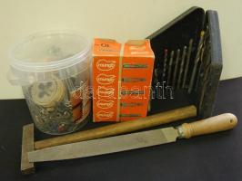 Hatalmas barkács tétel: fúrókészlet, csavarok, tiplik, villáskulcs készlet, fogók, számítógép csatla...