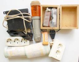 Nagy elektromos barkács tétel: hosszabbítók, elemlámpa, fejlámpa, forrasztópáka, izzók, kapcsolók, stb.