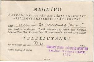 1930 Széchenyi István Bajtársi Egyesület Szilágyi Erzsébet leánytörzse meghívó teadélutánra