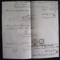 1863 5kr okmánybélyeg + 2kr hirdetménybélyeg vegyes felhasználása okmány darabon / 5kr fiscal stamp + 2kr advertising stamp mixed usage on document piece