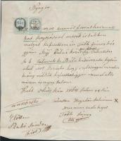 1864 6kr okmánybélyeg + 1kr hirdetménybélyeg vegyes felhasználása okmányon / 6kr fiscal stamp + 1kr advertising stamp mixed usage on document