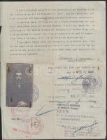 1921 magyar származású Amerikába kivándorló fényképes uti okmánya / Passport for Hungarian emmigrant...