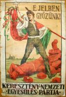 1920 Keresztény Nemzeti Egység Pártja antibolsevista választási plakát. Kőnyomat. Sándor jelzéssel. Riegler Rt. (szélén néhány kisebb szakadással és apró hiánnyal) / Litho poster 60x90 cm