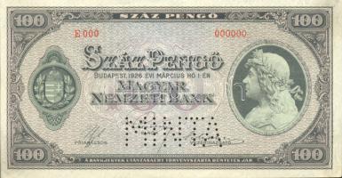1926. 100P "E000-000000" sorozattal és sorszámmal, vízjellel valamint "MINTA" perforációval és nyomdai papírránccal T:II(hajtatlan!)