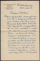 1944 Cholnoky Jenő földrajztudós saját kézzel írt családi levele a háború eseményeire utalásokkal. 4 beírt oldal.