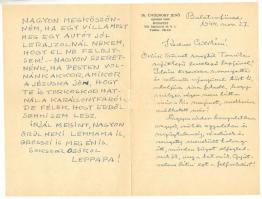 1944 Cholnoky Jenő földrajztudós saját kézzel írt családi levele a háború eseményeire utalásokkal. 4 beírt oldal.
