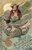 New Year, pig, clover, money, litho, Emb. s: Joust