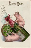New Year, pigs, champagne, litho (EK)