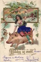 New Year, pig and the girl, litho, Emb. silk card
