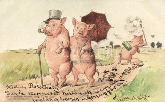 Pig family, butterfly catch, litho