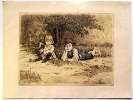 1934 Alex Blistan szignóval: Gyermekek. színezett rézkarc. 23x28 cm
