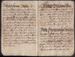 XVII sz.: Receptek, orvosságok lengyel nyelvű kéziratos receptgyűjtemény 55 víz leírásával, 26 kézzel írt oldalon, 3-4 oldal szakadt, hibás. / XVIIth century: Hand written collection of Polish recipes, potion, waters. 55 recipes on 26 handwritten pages. Some pages are damaged