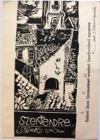 Szánthó Imre (1925-1998): Szentendre-Napraforgók, linómetszetek névnapi üdvözlettel, jelzett, kézzel javított 30x21cm