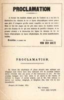 1914 Proclamation from Brussels, WWI military propaganda against people who live near destroyed railways and telegprahs; the governor, Von der Glotz