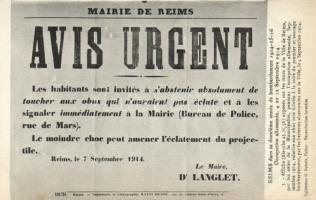 1914 Mairie de Remis, Avis urgent / WWI French military urgent notice about untouched ammunition; D Langlet propaganda