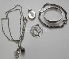 Kis eüst (Ag) tétel: medál, karkötő, nyaklánc két medállal, baba karkötő / Silver jewelry: medal, bracelets, necklace with medals 28gr