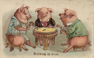 New Year pigs, card game litho