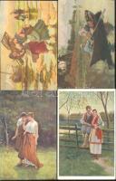 21 db régi, vegyes tematikájú motívumlap, folklór, művész és üdvözlőlapok, romantikus életképek