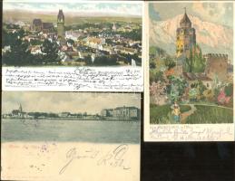 3 db régi képeslap, ausztriai városokról, köztük St. Pölten vasútállomás