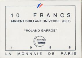 Franciaország 1988. 10Fr Ag "Roland Garros" díszkiadásban tanúsítvánnyal T:BU
France 1988....