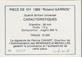 Franciaország 1988. 10Fr Ag "Roland Garros" díszkiadásban tanúsítvánnyal T:BU
France 1988....