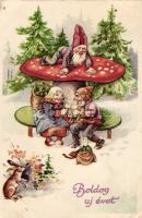 New Year, dwarves, mushroom litho