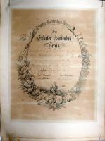 1861 Az Erfurti Kertészeti Egyesület díszes oklevele a nagyszombati Herr Siebenfreud részére palackozott boráért (Ungarwein) papírra kasírozva / Acceptance chart of the Erfurt Gardening Association (Erfurter Gartenbau-Verein) for Herr Siebenfreud from Tyrnau for his Ungarwein