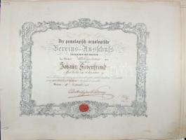 1851 A Morvaországi és Sziléziai Kertészeti Egyesület díszes oklevele, melyben Johann Siebenfreud nagyszombati gyógyszerészt tagjává nevezi ki, papírra kasírozva / Charter of the Moravian and Silesian Gardening Association for Johann Siebenfreud in Tyrnau
