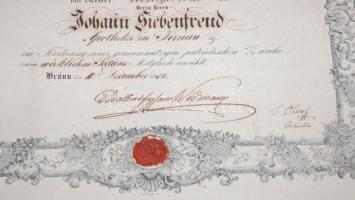 1851 A Morvaországi és Sziléziai Kertészeti Egyesület díszes oklevele, melyben Johann Siebenfreud na...