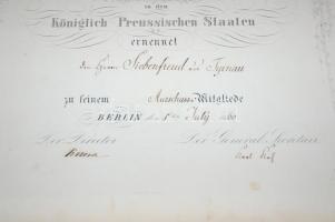 1860 Finoman díszített oklevél a Poroszországi Egyesülettől a Kertészet Előmozdításáért, melyben a n...