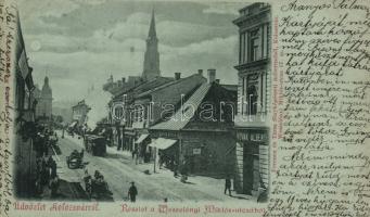 1899 Kolozsvár Wesselényi Miklós street, Shop of Novák Albert, Shop of Deák Gyula, tram