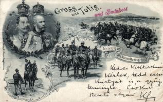 1897 Tata (Totis) és Budapest Kaisermanöver, Ferenc József és II. Vilmos litho (fa)