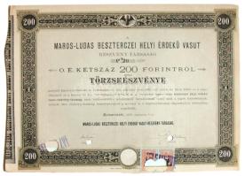1886. "MAROS-LUDAS BESZTERCZEI HELYI ÉRDEKŰ VASUT RÉSZVÉNY-TÁRSASÁG" törzsrészvénye 200 Forintról, szelvényekkel, német és magyar nyelven, selejtezve felülnyomással és lyukasztással érvénytelenítve T:I- /  Hungary 1886. "Corporation of the local railway of Maros-Ludas Besztercze" common stock in 200 Forint value and in German and Hungarian language with cancellation C:AU