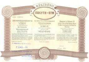 Budapest 1991. Isolyth-STM Üveggyapot Rt. 2db részvénye 10.000Ft-ról egymás utáni sorszámmal
