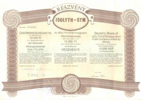 Budapest 1991. Isolyth-STM Üveggyapot Rt. 2db részvénye 10.000Ft-ról egymás utáni sorszámmal