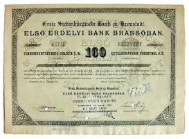 1891. "ELSŐ ERDÉLYI BANK BRASSÓBAN" részvény 160 Forintról, szelvényekkel, német és magyar nyelven, selejtezve felülnyomással és lyukasztással érvénytelenítve T:I- /  Hungary 1891. "First Transylvanian Bank in Brasov" common stock in 160 Forint value in German and Hungarian language with cancellation C:AU