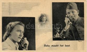 Második világháborús holland katonai lap, telefonáló katona és felesége, Baby maakt het best / WWII Dutch military, soldier and her wife on telephone