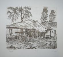 Blahos Rudolf (1917-1986): Pajta, rézkarc 45/50, papír, jelzett, 29x38 cm