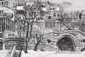 Blahos Rudolf (1917-1986): Halászbástya, rézkarc, papír, jelzés nélkül, 27×34 cm