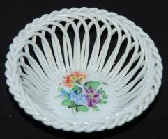 Kézzel festett Bouquet de Saxe-mintás jelzett Herendi fonott porcelán kosár hibátlan állapotban / Handpainted Herendi chinaware basket in flawless condition d:12cm