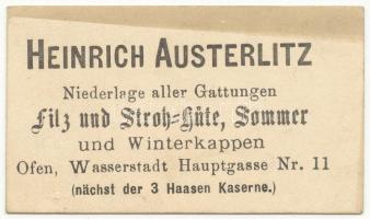 cca 1900 Heinrich Austerlitz kalapárus névjegykártyája / Business card of a hat and cap seller