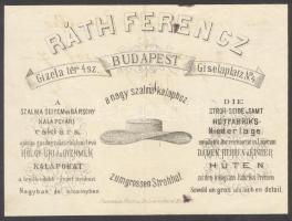 cca 1880 Budapest V. Ráth Ferencz kalapárus reklámos számlája / Invoice of a hat seller